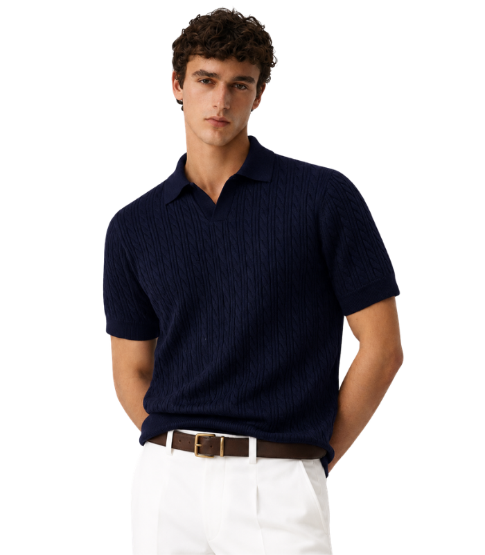 12 Matteo Navy Blue Örgülü Polo Yaka Triko - Görsel 1